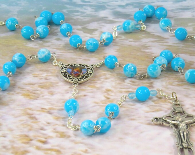 Blue Larimar Quartz Rosary - Blue Larimar Quartz Gemstone Beads - Our Lady of the Rosary Colorful Center - Italian Fancy Filigree Crucifix