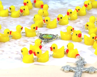Ducky Rosary - Hand-Painted Duck Beads - Orange Accent Father Beads -Colorful Our Lady of Fatima Center -Italian Silver Eucharistic Crucifix