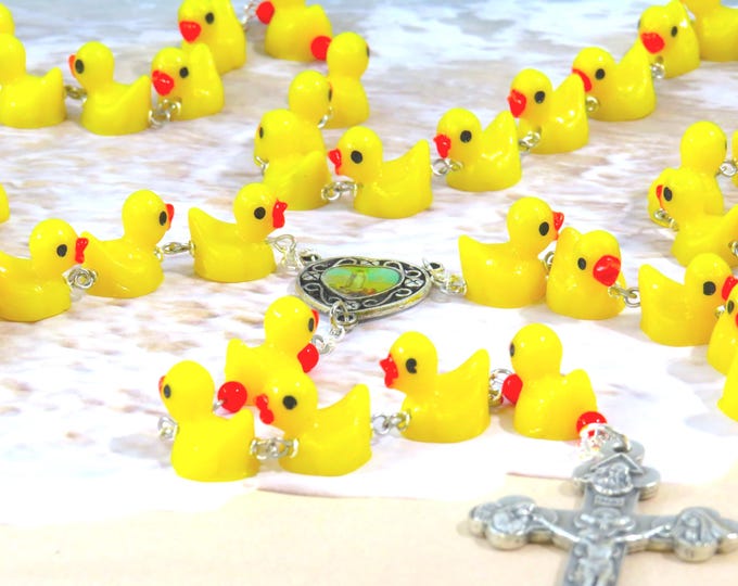 Ducky Rosary - Hand-Painted Duck Beads - Orange Accent Father Beads -Colorful Our Lady of Fatima Center -Italian Silver Eucharistic Crucifix