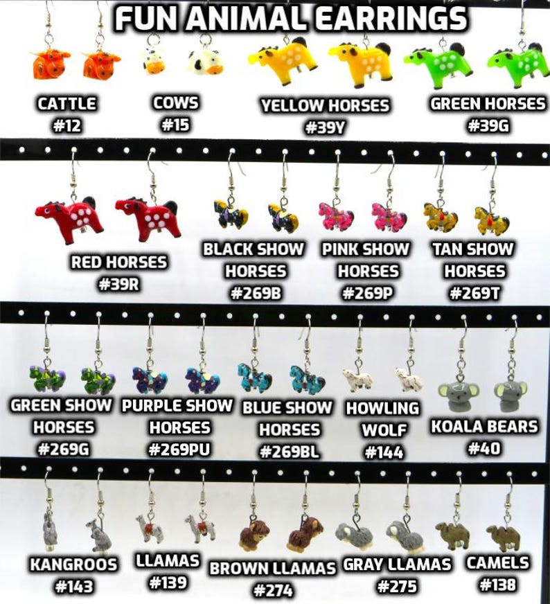 Fun Animal Earrings - Cattle - Cows - Horses - Wolves - Koala Bears - Kangaroos - Llamas - Camels -Hypo Allergenic Surgical Steel Ear Wires image 1