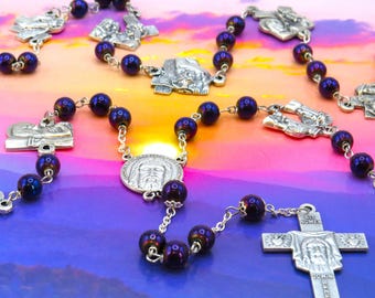 Lenten Stations of the Cross Journey Rosary - Purple Hematite Beads - Italian Stations Charms - Italian Shroud of Turin Center and Crucifix