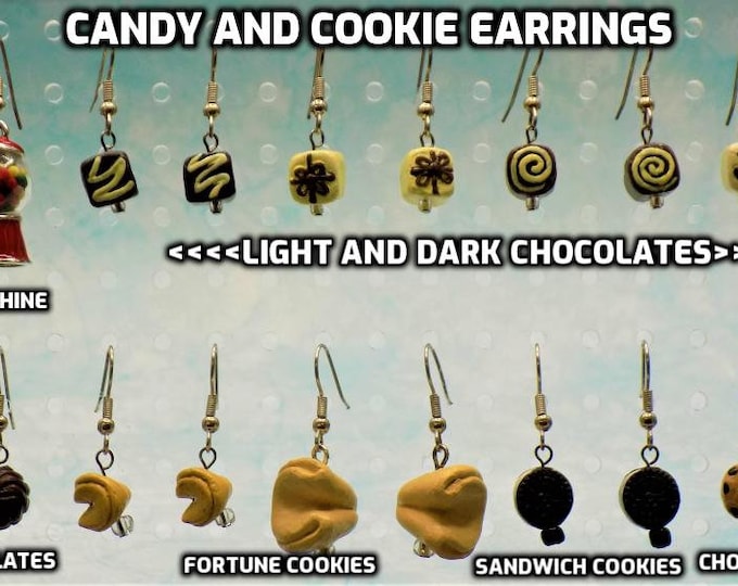 Candy and Cookie Earrings - Bubble Gum Machine - White & Dark Chocolates (5) - Fortune Cookies (2 Sizes) - Cookies - Chocolate Chip Cookies