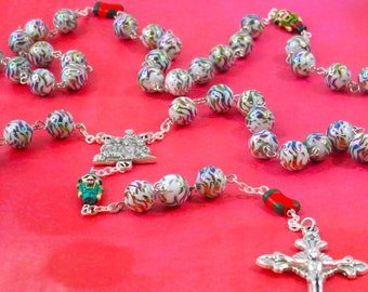 Christmas Charm Bead Rosary - Rainbow White Glass Beads - Ceramic Charm Father Beads - Italian Silver Nativity Center - Italian Sil Crucifix