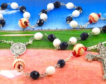 Baseball Rosary - Czech Navy Blue & White  Glass Beads - Peru Ceramic Baseballs - Italian St Sebastian Center - Italian Eucharistic Crucifix