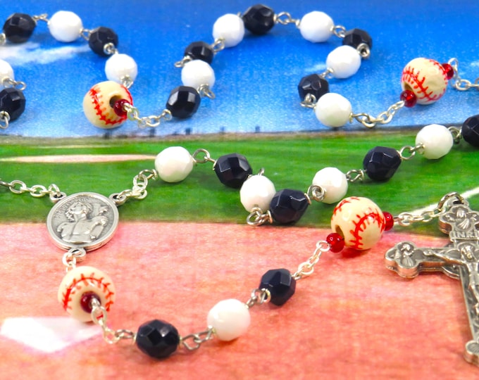Baseball Rosary - Czech Navy Blue & White  Glass Beads - Peru Ceramic Baseballs - Italian St Sebastian Center - Italian Eucharistic Crucifix