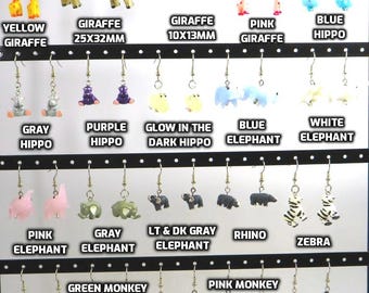 Fun Animal Earrings - Giraffes - Hippos - Elephants - Rhinos - Zebras - Monkeys and Gorillas - Hypo Allergenic Surgical Steel Ear Wires