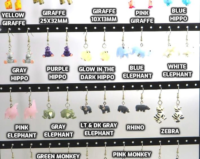 Fun Animal Earrings - Giraffes - Hippos - Elephants - Rhinos - Zebras - Monkeys and Gorillas - Hypo Allergenic Surgical Steel Ear Wires