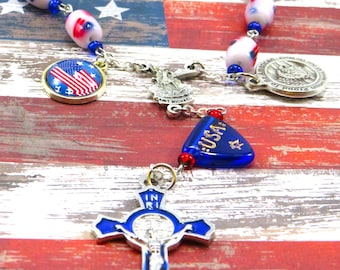 One Decade Proud To Be American Rosary - US Flag Glass Beads - USA Flag Charm - Italian St Michael Center - Blue Enamel St Benedict Crucifix