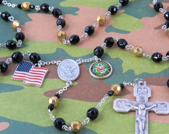 US Army Military Rosary - Czech Black and Gold Crystal Beads - St Michael Center - US Army Military Color Charm - Italian Stations Crucifix