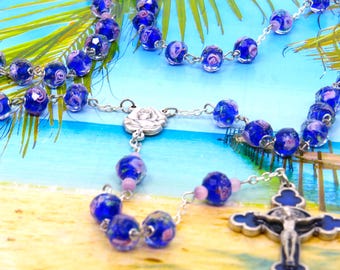 Dark Blue Rose Flower Rosary - Faceted Dk Blue Rose Flower Lamp Glass Beads - Italian Rose & Mary Center - Italian Blue Enamel Rose Crucifix