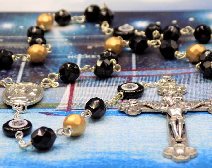 Hockey Rosary - Czech 8mm Black and Gold Beads - Czech Hockey Pucks - Italian Silver Saint Sebastian Center - Italian Eucharistic Crucifix