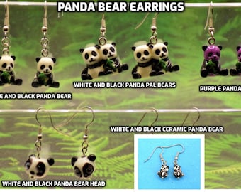 Panda Bear 3D Earrings - White and Black Panda Bear Pals - White & Black Panda Bears - Purple and Black Panda Bears - Panda Bear Heads
