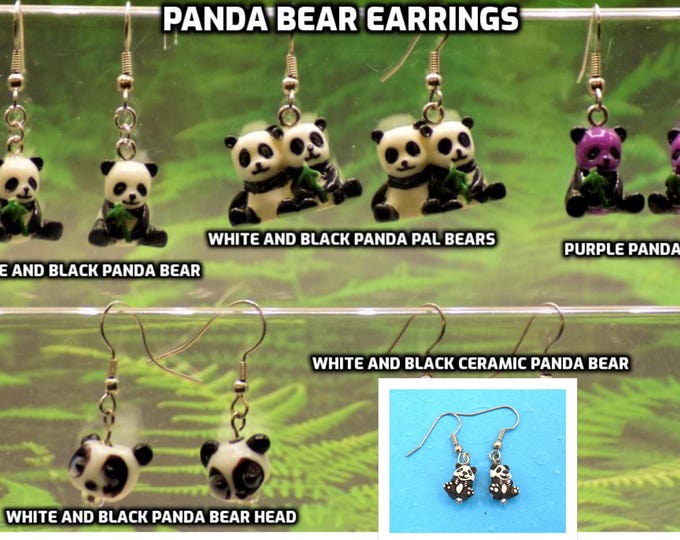 Panda Bear 3D Earrings - White and Black Panda Bear Pals - White & Black Panda Bears - Purple and Black Panda Bears - Panda Bear Heads