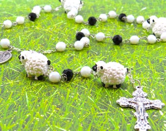 Good Shepherd Sheep Rosary - Sheep Father Beads - Czech White & Black Crystal Beads - GS Medal - Ital Jesus Center - Ital Filigree Crucifix