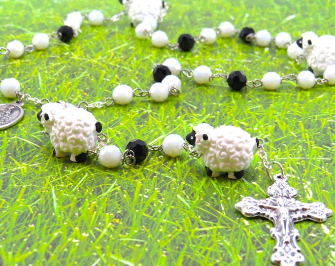 Good Shepherd Sheep Rosary - Sheep Father Beads - Czech White & Black Crystal Beads - GS Medal - Ital Jesus Center - Ital Filigree Crucifix