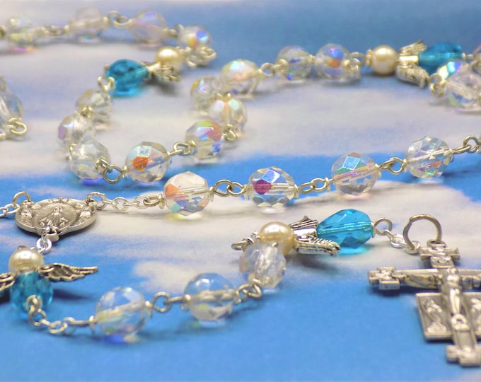 Crystal Angel Rosary - Czech AB Crystal Beads - Czech Aqua & White Pearl Beads - Italian Mary and Angels Center - Italian Angel Crucifix