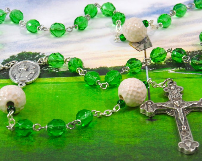 Golf Ball Rosary - Czech 8mm Green Glass Beads - Ceramic Golf Balls - Italian Silver Saint Sebastian Center - Italian Eucharistic Crucifix