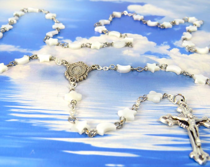 Celestial Mother of Pearl Rosary - Mother of Pearl Star, Moon & Cloud Shaped Beads - Miraculous Mary Center - Italian Fleur de Lis Crucifix