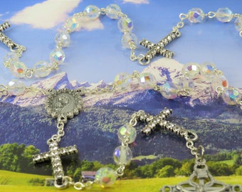 AB Crystal Cross Rosary - Czech AB Crystal Beads - Rhinestone Cross Father Beads - Italian Silver Mary Center - Italian Filigree Crucifix