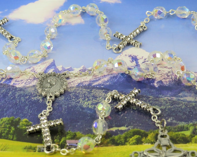 AB Crystal Cross Rosary - Czech AB Crystal Beads - Rhinestone Cross Father Beads - Italian Silver Mary Center - Italian Filigree Crucifix