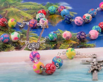 Hawaiian Flower Garden Rosary - Multi Color Hawaiian Flower Polymer Clay Beads - Italian Rose and Mary Center - Italian Flower Crucifix