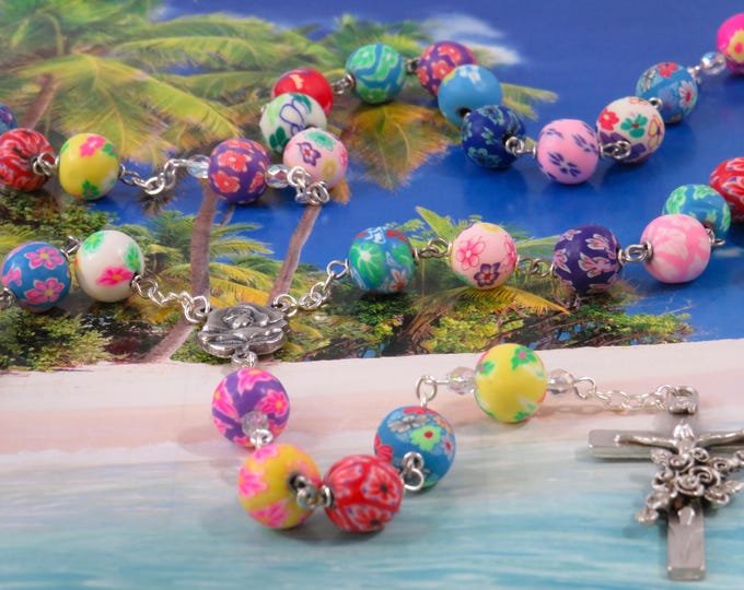 Hawaiian Flower Garden Rosary - Multi Color Hawaiian Flower Polymer Clay Beads - Italian Rose and Mary Center - Italian Flower Crucifix