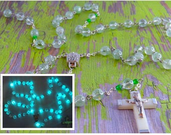 Light Green Czech Glass "Glow in the Dark" Rosary - Czech Light Green Glow in The Dark Glass Beads - Fatima Water Center - Luminous Crucifix
