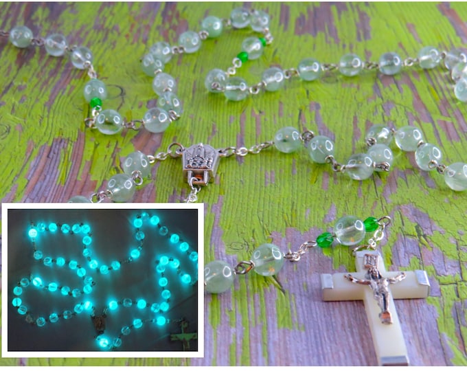 Light Green Czech Glass "Glow in the Dark" Rosary - Czech Light Green Glow in The Dark Glass Beads - Fatima Water Center - Luminous Crucifix