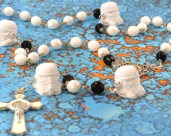 Star Wars Rosary - Czech White and Black Crystal Beads - 3D Storm Trooper Father Beads - OL of Medjugorje Center -St Benedict White Crucifix