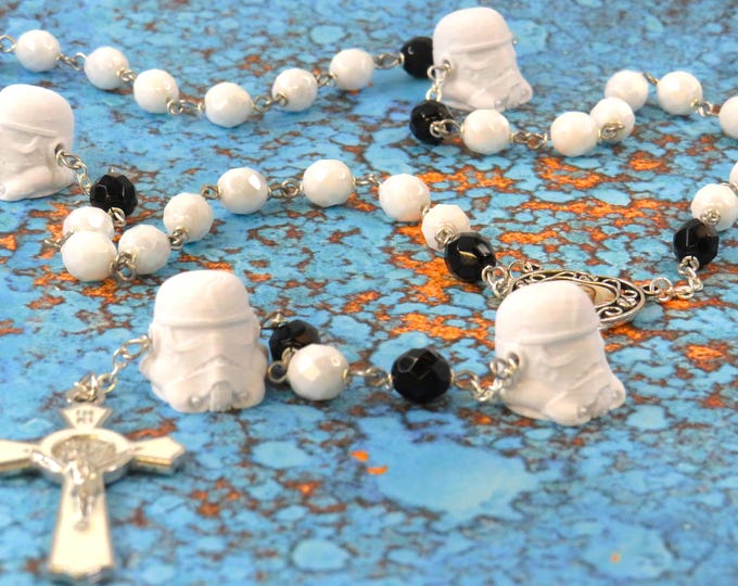 Star Wars Rosary - Czech White and Black Crystal Beads - 3D Storm Trooper Father Beads - OL of Medjugorje Center -St Benedict White Crucifix