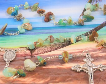 Peruvian Blue Opal Rosary - Semi Precious Blue Peruvian Opal Nugget Beads -Medugorje with Earth Center - Italian Silver Sunburst Crucifix