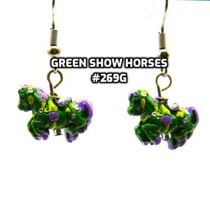 Fun Animal Earrings - Cattle - Cows - Horses - Wolves - Koala Bears - Kangaroos - Llamas - Camels -Hypo Allergenic Surgical Steel Ear Wires Green Horse
