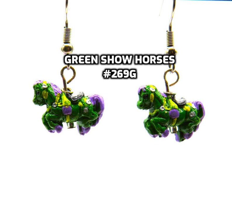 Fun Animal Earrings - Cattle - Cows - Horses - Wolves - Koala Bears - Kangaroos - Llamas - Camels -Hypo Allergenic Surgical Steel Ear Wires Green Horse