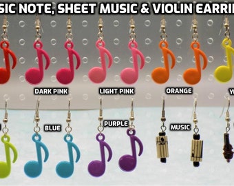 Music Earrings - Music Notes Earrings in 8 Colors - Real Sheet Music Earrings - Violin Earrings - 10 Different to Choose From