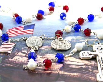 Proud to be American Rosary - Czech Red, White and Blue Crystal Beads - US Flag Charm - St Michael Center - Proud To Be American Charm