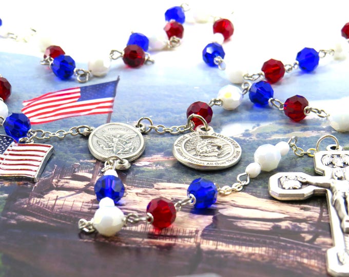 Proud to be American Rosary - Czech Red, White and Blue Crystal Beads - US Flag Charm - St Michael Center - Proud To Be American Charm