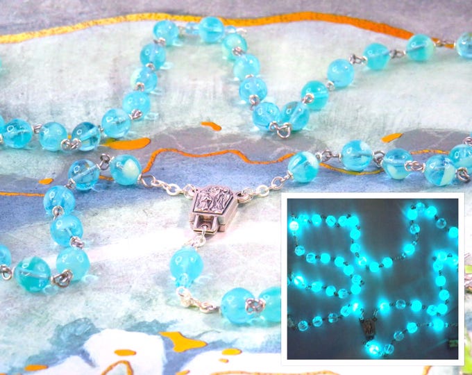 Aqua Czech Glass "Glow in the Dark" Rosary - Czech Aqua Glow in The Dark Glass Beads - Our Lady of Lourdes Water Center - Luminous Crucifix