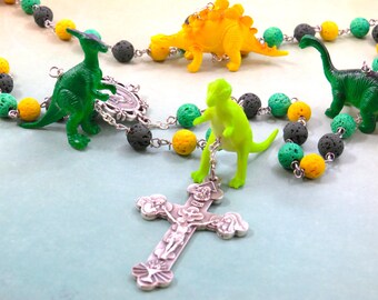 Dinosaur Rosary - Green, Yellow & Dark Green Lava Gemstone Beads - Textured Dinosaur Beads - Miraculous Center- Italian Eucharistic Crucifix