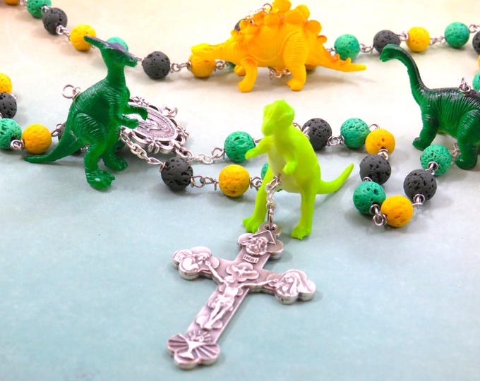 Dinosaur Rosary - Green, Yellow & Dark Green Lava Gemstone Beads - Textured Dinosaur Beads - Miraculous Center- Italian Eucharistic Crucifix
