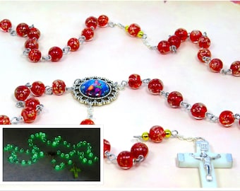 Red "Firefly Glow in the Dark" Rosary - Red Firefly Glow in The Dark Glass Beads - OL of Mount Carmel Center - Italian Luminous Crucifix