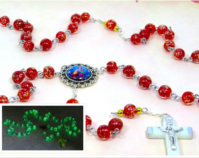 Red "Firefly Glow in the Dark" Rosary - Red Firefly Glow in The Dark Glass Beads - OL of Mount Carmel Center - Italian Luminous Crucifix