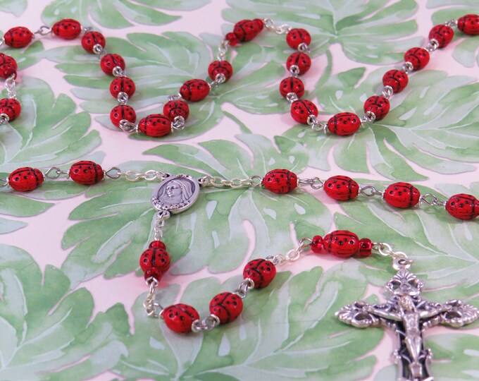 Red Ladybug Rosary - Czech Opaque Red Ladybug Glass Beads - Our Lady of Medjugorje with Earth Center - Italian Silver Filigree Crucifix