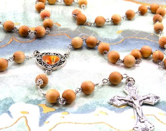 Natural Cedar Wood Rosary - Natural Cedar 8mm Wood Beads - Metal Accent Beads - Our Lady of Lourdes Center - Italian Grapes & Vine Crucifix