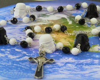 Star Wars Rosary - Czech White and Black Crystal Beads - 3D Storm Trooper & Darth Vader Father Beads -Lady of Lourdes Center -Black Crucifix