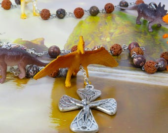 Dinosaur Rosary - Brown Lava Gemstone & Leopard Jasper Beads -Textured Dinosaur Beads -Virgin Most Pure Center -Italian Eucharistic Crucifix