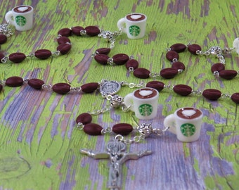 Coffee Bean Rosary - Czech Coffee Bean Glass Beads - Resin Coffee Cup Beads -  Our Lady of Medugorje Center & Earth - Holy Trinity Crucifix