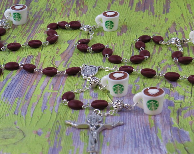 Coffee Bean Rosary - Czech Coffee Bean Glass Beads - Resin Coffee Cup Beads -  Our Lady of Medugorje Center & Earth - Holy Trinity Crucifix