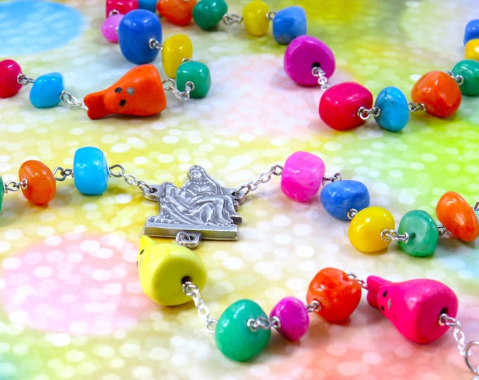Bunny Rosary - Multi Color Gemstone Beads - Bunny Gemstone Father Beads -Italian Silver Pieta Center -Italian Silver Jesus and Mary Crucifix