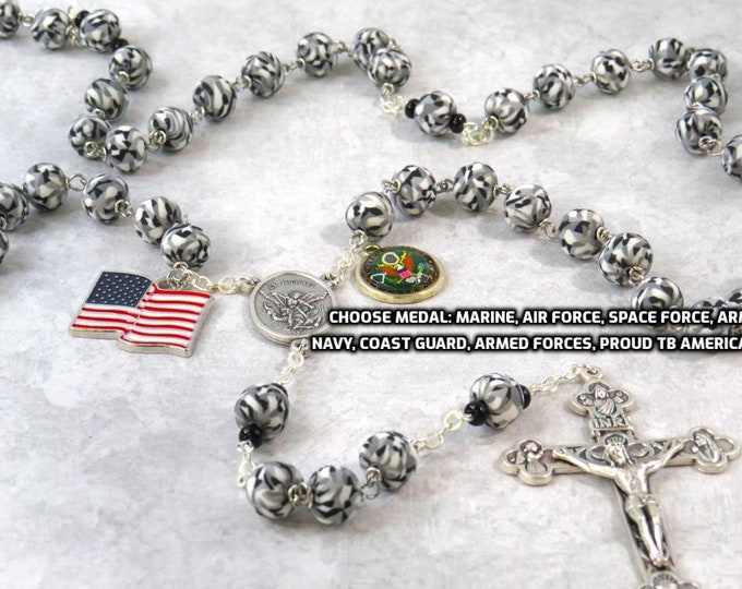 US Military Camouflage Rosary - Camouflage Polymer Clay Beads - Black Glass Beads -  Italian St Michael Center -Italian Eucharistic Crucifix