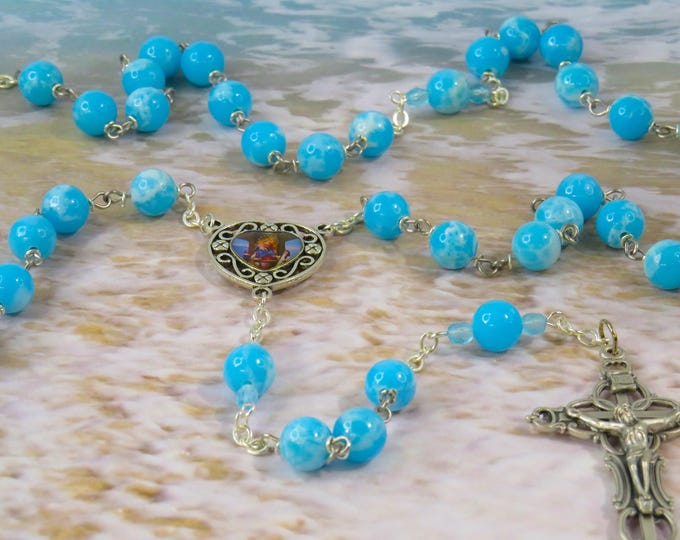 Blue Larimar Quartz Rosary - Blue Larimar Quartz Gemstone Beads - Our Lady of the Rosary Colorful Center - Italian Fancy Filigree Crucifix